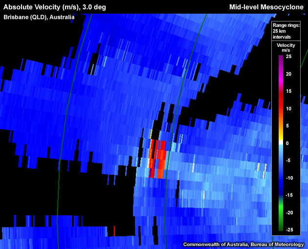 Absolute Velocity (m/s), 3.0 deg, Brisbane, Australia, Mid-level Mesocyclone