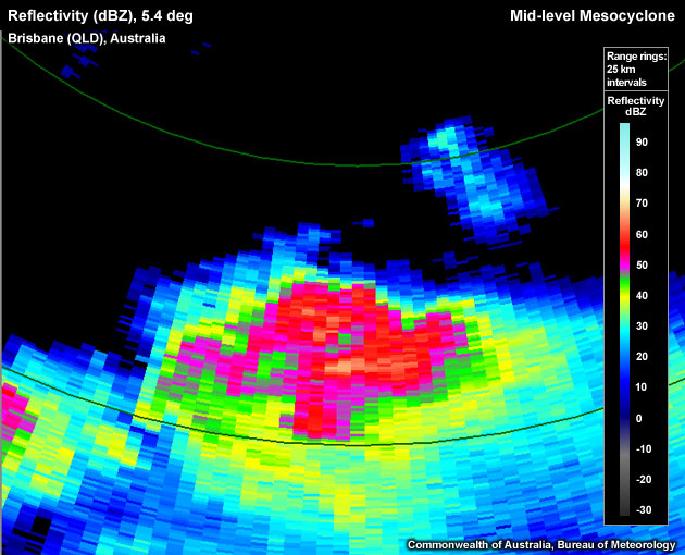 Reflectivity (dBZ), 5.4 deg, Brisbane, Australia, Mid-level Mesocyclone
