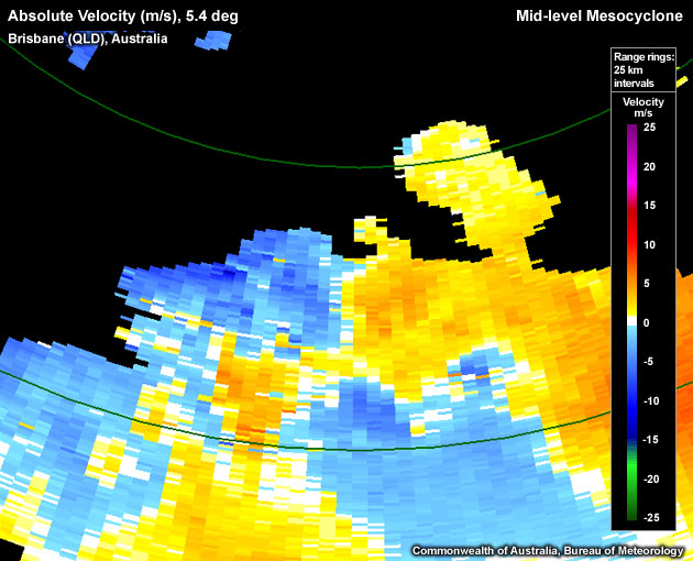 Absolute Velocity (m/s), 5.4 deg, Brisbane, Australia, Mid-level Mesocyclone