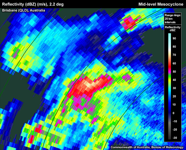 PPI Reflectivity (dBZ), 2.2 deg, Brisbane, Australia, Midlevel Mesocyclone