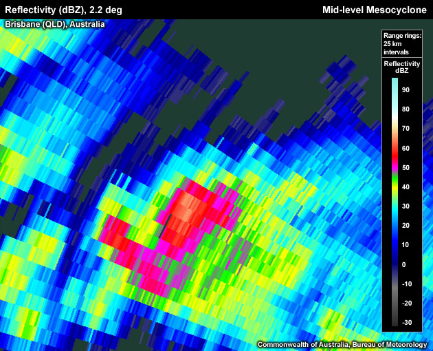 Reflectivity (dBZ), 2.2 deg, Brisbane (QLD), Australia, Mid-level Mesocyclone
