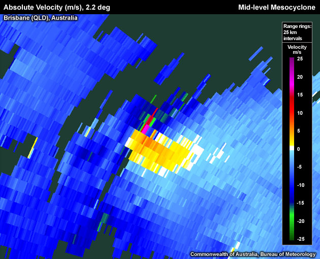 Absolute Velocity (m/s), 2.2 deg, Brisbane (QLD), Australia, Mid-level Mesocyclone