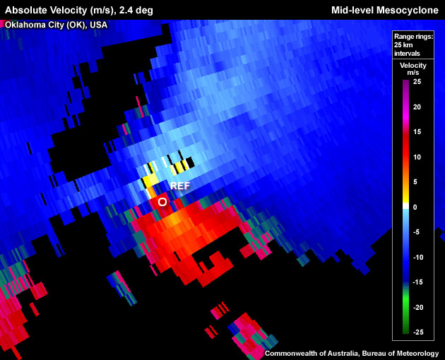 Absolute Velocity (m/s), 2.4 deg, Oklahoma City (USA), Mid-level Mesocyclone