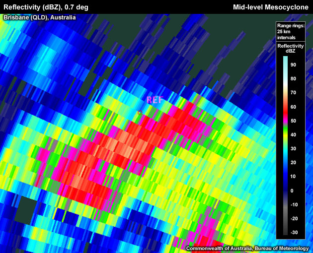 Reflectivity (dBZ), 0.7 deg, Brisbane, Australia, Mid-level Mesocyclone