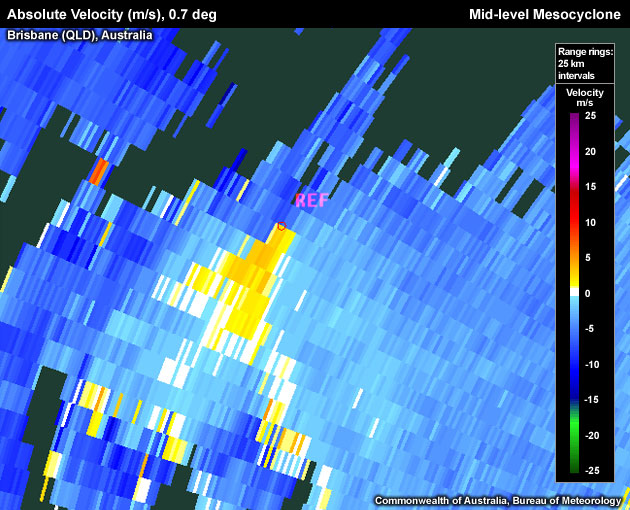 Absolute Velocity (m/s), 0.7 deg, Brisbane, Australia, Mid-level Mesocyclone