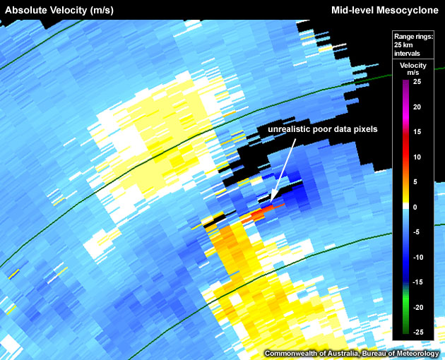 Cyclonic midlevel mesocyclone with unrealistic orange/red "dirty" data pixels. Stepping up and down in elevation as well as forwards and backwards in time would reveal that these "hot pixels" suddenly appear and disappear, strongly indicating that their origin is unphysical.