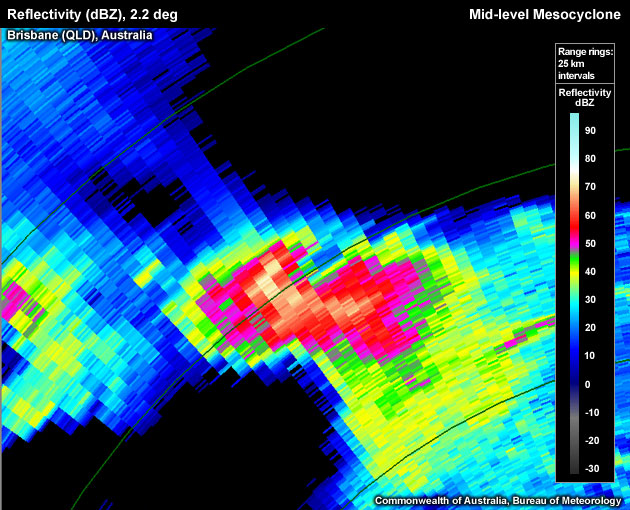 Reflectivity (dBZ), 2.2 deg, Brisbane (QLD), Australia, Mid-level Mesocyclone