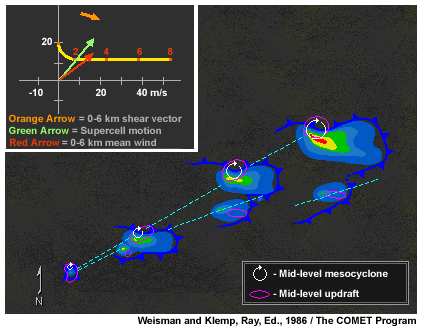 Splitting supercells produced the shear depicted on the anticlockwise hodograph.  The left&ndash;mover is dominant while the right-mover usually decays in this situation.