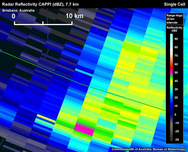 A large area of > 50 dBZ pixels within the CAPPI level