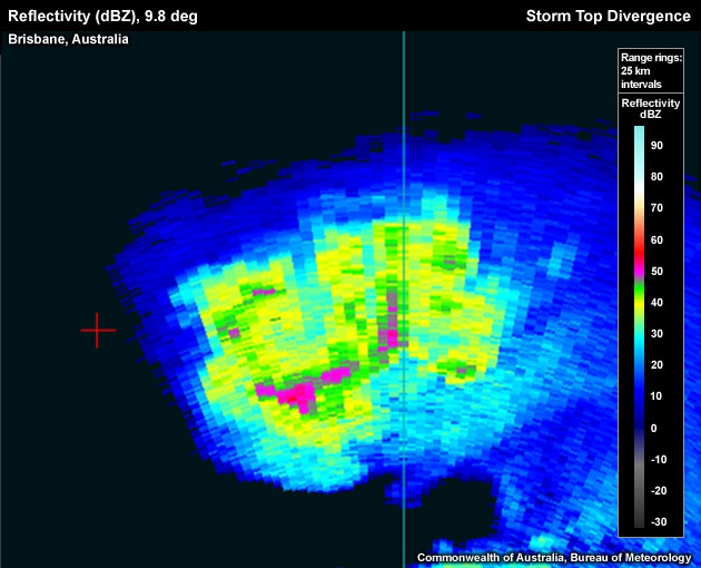 Reflectivity (dBZ), 9.8 deg, Brisbane, Australia, Storm Top Divergence