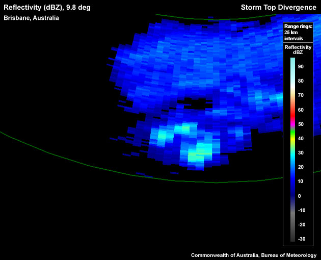 Reflectivity (dBZ), 9.8 deg, Brisbane, Australia, Storm Top Divergence