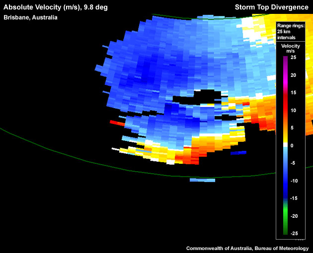 Absolute Velocity (m/s), 9.8 deg, Brisbane, Australia, Storm Top Divergence
