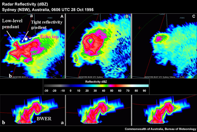 Cross section through a mature supercell thunderstorm showing a conceptual cloud outline and characteristic reflectivity distribution.