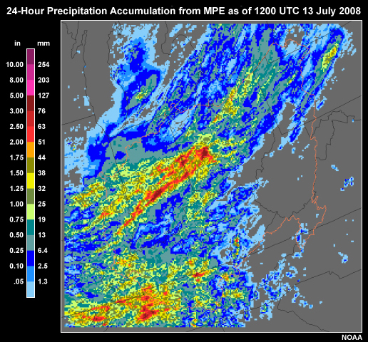 24-hr precip accumulation from MPE as of 1200 UTC 13 Jul 2008