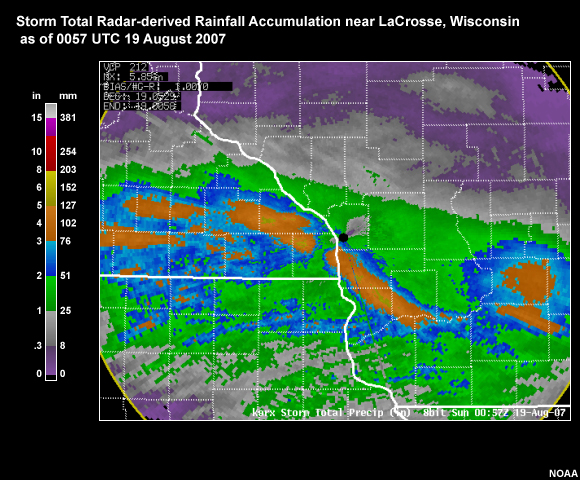 Storm Total Radar-Derived Rainfall Accumulation near LaCrosse, WS 0057 UTC 19 Aug 2007
