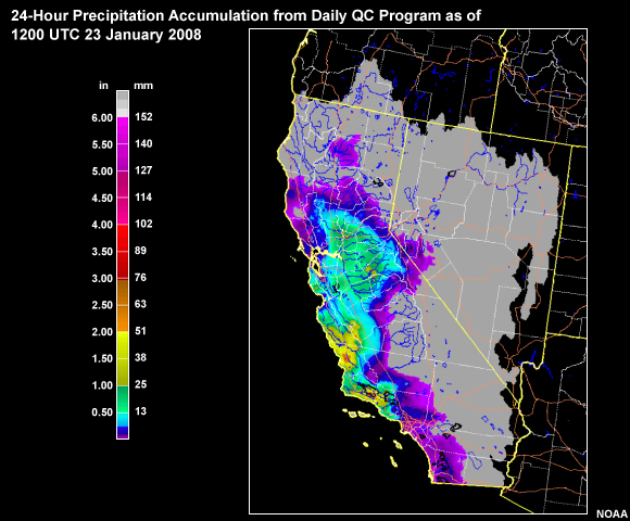 24-hr precip accumulation from daily QC program as of 1200 UTC 23 Jan 2008