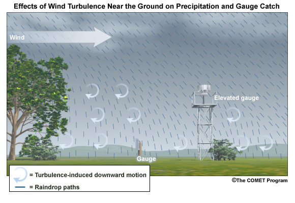 Effects of wind turbulence near the ground on precipitation and gauge catch - tree blockage and elevated gauge 