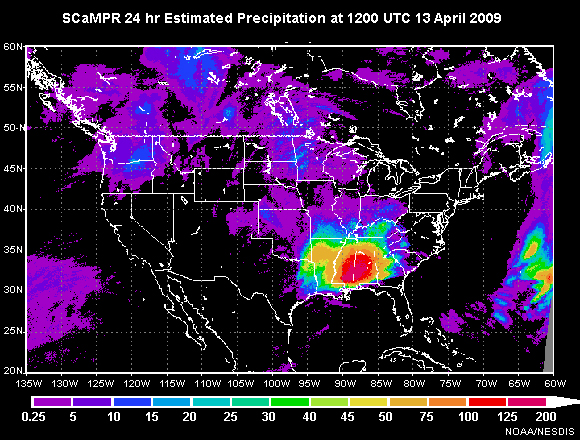 SCaMPR 24 hr estimated precip at 1200 UTC 13 Apr 2009