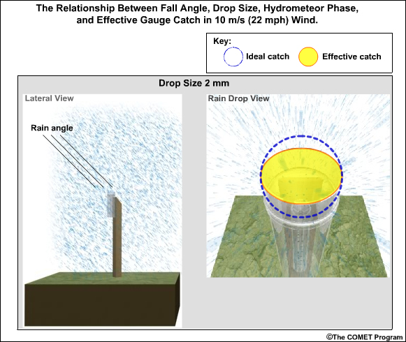 Relationship between fall angle, phase and gauge catch at 10 m/s wind for 2 mm drop size 