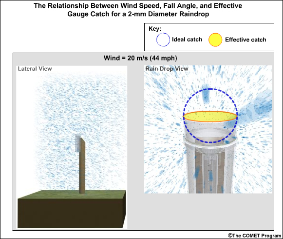 Fall angle and gauge catch for 2-mm diameter raindrops at 20 m/s wind speed 
